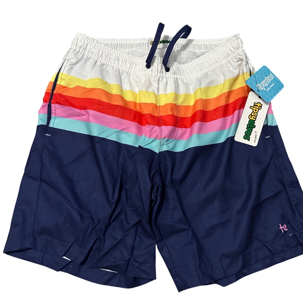 Tipsy Elves Mens Retro Striped Swim Trunks Navy Blue Mesh Lined Shorts Large NWT
